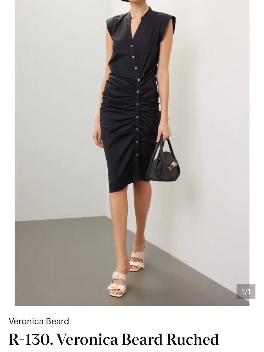 Veronica Beard Black Ruched Button-Front Midi Dress